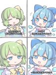  2girls :d ahoge blue_bow blue_dress blue_eyes blue_hair blush bow bowtie cirno closed_eyes closed_mouth coa_(chroo_x) collared_shirt daiyousei double-parted_bangs dress green_hair hair_bow highres ice ice_wings multiple_girls neck_ribbon one_side_up open_mouth pinafore_dress red_ribbon ribbon shirt short_hair short_sleeves sleeveless sleeveless_dress smile touhou translation_request white_shirt wings yellow_bow yellow_bowtie 