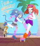 allie_(my_neighbor_enide) animal_humanoid anthro arcadekitten arthropod beach blue_sky clawdi_chace_(my_neighbor_enide) clothing coconut_tree crab crustacean decapod domestic_cat dress enide_(my_neighbor_enide) felid feline felis female fruit_tree gastropod hi_res humanoid malacostracan mammal mollusk my_neighbor_enide palm_tree plant sea seaside sky snail tree water