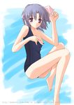  barefoot breasts copyright_request nipple_slip nipples one-piece_swimsuit purple_eyes purple_hair school_swimsuit short_hair small_breasts solo swimsuit uma_(grade_crossing) wardrobe_malfunction watermark web_address 