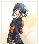  artist_request ball_gag bdsm black_hair bondage bound brown_eyes copyright_request exif_thumbnail_surprise flower gag gagged hair_bun hair_flower hair_ornament japanese_clothes kimono obi sash solo third-party_edit tomoe_(symbol) wings 