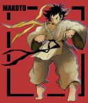  1girl 5_stargold barefoot black_hair breasts character_name choker commentary dougi english_commentary fighting_stance full_body highres japanese_clothes karate_gi makoto_(street_fighter) male_focus martial_arts_belt red_background ribbon_choker sarashi short_hair solo street_fighter tiptoes tomboy 