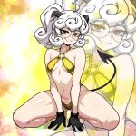  1girl ahoge arm_support bare_shoulders bikini black-framed_eyewear black_gloves breasts collarbone demon_girl demon_horns demon_tail fujita_yoshinobu_(ksk_oda) glasses gloves gold_bikini grin halterneck helltaker highres horns medium_hair navel o-ring o-ring_bikini pandemonica_(helltaker) ponytail red_eyes round_eyewear shiny_skin short_ponytail small_breasts smile solo squatting swimsuit tail teeth white_hair yellow_background zoom_layer 