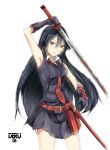  1girl akame akame_ga_kill! armpits artist_name bangs belt black_gloves black_hair breasts closed_mouth deru06 gloves hair_between_eyes highres holding holding_sword holding_weapon looking_at_viewer markings miniskirt necktie red_belt red_eyes red_neckwear simple_background skirt sword v-shaped_eyebrows weapon white_background 