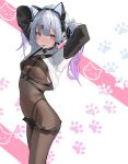  1girl absurdres animal_ear_headphones animal_ears arms_up blue_hair breasts brown_bodystocking cat_ear_headphones cat_ears chest_harness fake_animal_ears from_side hair_ornament hairclip harness headphones highres leviathan_(hikinito0902) long_hair looking_at_viewer multicolored_hair original purple_hair red_eyes shorts shrug_(clothing) small_breasts solo twintails two-tone_hair 