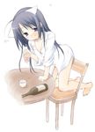  alcohol animal_ears barefoot bottomless cat_ears chair choko_(cup) cup drunk kneeling long_hair long_sleeves on_chair original sake solo table unohana_tsukasa 