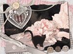  1girl absurdres arms_up belt black_cat breast_strap breasts cat cleavage commentary commission cross dated dress feet_out_of_frame flower frilled_dress frills grey_eyes hair_flower hair_ornament hair_spread_out head_chain highres jewelry knife large_breasts limogoat11 long_hair lying multiple_cats on_back original painting_(object) parted_lips pink_dress pink_hair postage_stamp postcard red_ribbon ribbon ribbon_between_breasts sidelocks solo spiked_belt wax_seal 