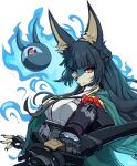  1girl absurdres animal_ear_fluff animal_ears aqua_jacket black_hair black_necktie blunt_bangs breasts commentary english_commentary fox_ears fox_girl furrification furry furry_female highres holding holding_sword holding_weapon hoshimi_miyabi jacket large_breasts long_hair necktie potato_kamaos red_eyes shirt simple_background sword tailless_(zenless_zone_zero) upper_body weapon white_shirt zenless_zone_zero 