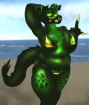  2026 2_horns absurd_res anthro areola areola_slip artist_name beach belly big_belly big_breasts big_butt bikini black_body blush bonebees breast_squish breasts butt camel_toe chain claws clothing deathclaw digital_drawing_(artwork) digital_media_(artwork) eyelashes facial_piercing fallout female fupa gesture glowing glowing_body glowing_deathclaw glowing_eyes glowing_nipples glowing_scales glowing_stretch_marks gold_(metal) gold_bikini gold_chain golden_week green_eyelashes green_eyes hand_gesture hi_res horn huge_breasts microsoft middle_finger navel nipples nose_piercing nose_ring overweight overweight_anthro overweight_female piercing pussy_slip pussy_squish raised_arm raya_(bonebees) ring_piercing scales scalie sea sharp_teeth solo spiked_tail spikes spikes_(anatomy) squish swimwear tail teeth text thick_thighs two-piece_swimsuit water 
