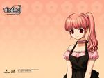  artist_request bangs bare_shoulders black_dress breasts choker copyright_name del dress eyebrows_visible_through_hair floral_background frilled_choker frills gradient gradient_background long_hair looking_at_viewer mabinogi medium_breasts pink_choker pink_hair puffy_short_sleeves puffy_sleeves red_background red_eyes short_sleeves side_ponytail smile solo wallpaper watermark 
