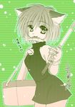  animal_ears bell cat_ears copyright_request fish fishing_rod green jingle_bell kosuge_yuutarou mouth_hold short_hair solo 