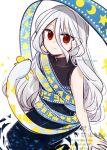  1girl black_dress blue_dress closed_mouth commentary_request dress grey_hair hair_between_eyes highres long_hair long_hair_between_eyes looking_at_viewer red_eyes ribbon_around_body simple_background sleeveless sleeveless_dress smile snake solo tama_(hiroshige_36) torn_clothes torn_dress touhou turtleneck turtleneck_dress twitter_username very_long_hair watermark white_background yuiman_asama 