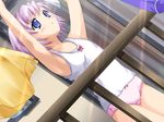  artist_request blue_eyes blush bow bow_panties camisole dutch_angle flat_chest game_cg konoe_nanami lace lace-trimmed_panties lamune laundry lingerie outdoors panties pink_panties purple_hair short_hair solo standing underwear underwear_only 