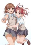  2girls :d aiming aiming_at_viewer arms_around_another's_waist bow brown_eyes brown_hair brown_shoes brown_sweater_vest coin collared_shirt commentary_request crossed_bangs grey_skirt hair_between_eyes hair_bow hair_ornament hairpin highres holding holding_coin loafers long_hair looking_at_viewer medium_hair miniskirt misaka_mikoto multiple_girls pleated_skirt railgun_(misaka_mikoto) red_bow school_emblem school_uniform shirai_kuroko shirt shoes short_sleeves shorts shorts_under_skirt sioo_1029 skirt smile summer_uniform sweater_vest thigh_gap toaru_kagaku_no_railgun toaru_majutsu_no_index tokiwadai_school_uniform twintails v-neck white_background white_shirt 
