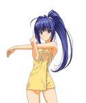  a1 bend blue_eyes blue_hair bras_d'honneur cowboy_shot hayase_mitsuki kimi_ga_nozomu_eien long_hair naked_towel ponytail simple_background smile solo stretch towel wet white_background 