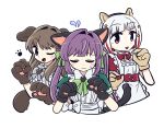  3girls :d ;d animal_ear_hairband animal_ears animal_hands black_gloves blush brown_gloves cat_ear_hairband cat_ears cat_tail closed_eyes commentary_request diagonal_bangs dog_ears dog_tail embarrassed fake_animal_ears fake_tail fujishima_megumi gloves green_ribbon hair_intakes hair_ornament hair_ribbon hairband hasu_no_daisankaku kiruzzy love_live! love_live!_hasu_no_sora_jogakuin_school_idol_club maid multicolored_hair multiple_girls one_eye_closed open_mouth otomune_kozue otomune_kozue_(animal_cafe) paw_gloves purple_eyes raised_inner_eyebrows red_eyes red_streaks ribbon short_hair smile star_(symbol) star_hair_ornament streaked_hair tail twintails virtual_youtuber white_hair yugiri_tsuzuri 
