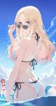  2girls absurdres ass back ball beach beachball bikini blonde_hair blue_sky breasts brown_hair commentary day eimizzzzz from_behind gakuen_idolmaster hanami_ume highres idolmaster juo_sena large_breasts long_hair looking_at_viewer looking_back medium_breasts multiple_girls outdoors red_bikini sky smile standing sunglasses swimsuit untranslatable_commentary water white_bikini 