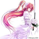  bouquet bride buckle closed_eyes dress elf flower ignis jingai_makyou long_hair long_sleeves nishii_(nitroplus) pointy_ears red_hair rose solo sword train_(clothing) very_long_hair weapon wedding_dress white white_background white_flower white_rose 