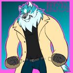  angry anthro black_clothing black_shirt black_topwear blue_eyes bottomwear brand_new_animal canid canine canis clothing coat denim denim_bottomwear denim_clothing gloves grizzlykubz growling handwear hi_res jeans male mammal pants shirou_ogami shirt solo studio_trigger topwear trenchcoat wolf 
