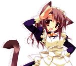  :d animal_ears bell bell_collar blush cat_ears cat_tail collar copyright_request hand_on_hip jingle_bell long_sleeves looking_at_viewer lowres maid minazuki_haruka open_mouth orange_eyes purple_hair salute simple_background smile solo tail white_background 