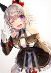  1girl absurdres animal_ears bare_shoulders black_hairband blush bow breasts coat commentary_request curren_chan_(fille_eclair)_(umamusume) curren_chan_(umamusume) dress ear_bow ear_covers gloves grey_hair hairband highres horse_ears horse_girl horse_tail leaning_forward long_sleeves looking_at_viewer medium_breasts off-shoulder_coat off-shoulder_dress off-shoulder_jacket off_shoulder one_eye_closed open_mouth purple_eyes red_bow red_thighhighs short_hair simple_background smile solo striped_clothes striped_dress tail thighhighs umamusume vertical-striped_clothes vertical-striped_dress w white_gloves yoru_usagi 