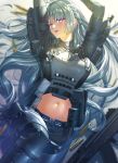  1girl ak-15 ak-15_(girls'_frontline) arms_up assault_rifle black_pants blunt_bangs braid breasts buckle bulletproof_vest commentary cowboy_shot girls'_frontline girls'_frontline_2:_exilium grey_hair gun hair_between_eyes handgun highres hitpig holster holstered kalashnikov_rifle leg_armor long_hair looking_at_viewer lying mechanical_eyes medium_breasts midriff mp-443_grach navel on_back open_mouth pants pouch purple_eyes red_pupils rifle shadow shell_casing shirt sidelocks snap-fit_buckle solo tactical_clothes teeth thigh_armor upper_teeth_only voymastina_(girls'_frontline_2) weapon 