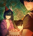  1girl 2boys absurdres black_hair black_shirt bob_cut cake camera_flash commentary food grin gwon han_sooyoung highres hood hood_down hoodie kim_dokja looking_at_viewer looking_back middle_finger multiple_boys oldest_dream omniscient_reader's_viewpoint purple_hoodie shirt smile strawberry_cake yoo_joonghyuk 