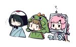  3girls ? ahoge animal_hood anyoji_hime black_bonnet black_hair blonde_hair blue_kimono bonnet brown_hair commentary_request dinosaur_hood gonzales_(love_live!) gradient_hair green_hoodie hair_intakes hasu_no_shousankaku hood hoodie japanese_clothes jitome kachimachi_kosuzu kimono kiruzzy long_hair love_live! love_live!_hasu_no_sora_jogakuin_school_idol_club momose_ginko multi-tied_hair multicolored_hair multiple_girls pink_hair ponytail robot_costume simple_background tsuru_(love_live!) virtual_youtuber white_background 