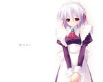  albino apron artist_request character_name kotonomiya_yuki light_smile long_sleeves maid maid_headdress red_eyes short_hair simple_background solo suigetsu v_arms white_background white_hair 