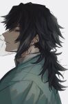  1boy alternate_costume aqua_kimono black_hair blue_eyes closed_mouth commentary_request hair_between_eyes half-closed_eyes highres japanese_clothes kimetsu_no_yaiba kimono long_hair looking_at_viewer low_ponytail male_focus ponytail profile simple_background sittte solo spiked_hair tomioka_giyuu upper_body white_background 