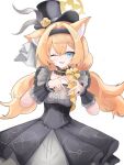  1girl :d ;d absurdres animal_ear_fluff animal_ears black_dress black_hairband black_hat black_wrist_cuffs blue_archive blue_eyes cat_ears cat_girl center_frills chinese_commentary choker collarbone commentary_request cowboy_shot crossed_bangs double-parted_bangs dress earrings extra_ears flower four-finger_heart_hands frilled_choker frilled_dress frills grey_dress hair_between_eyes hair_intakes hairband halo hands_up hat hat_feather hat_flower heart heart_hands highres idol idol_clothes jewelry long_hair looking_at_viewer low_twintails mari_(blue_archive) mari_(idol)_(blue_archive) official_alternate_costume official_alternate_hairstyle one_eye_closed open_mouth orange_hair rose sidelocks simple_background sleeveless sleeveless_dress smile solo top_hat tsurime twintails two-tone_dress very_long_hair white_background wrist_cuffs yang_any_mao yellow_choker yellow_flower yellow_halo yellow_rose 