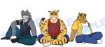  3boys animal_ears armband black_armband black_shirt black_socks black_tank_top blue_pants blue_shorts closed_mouth dog_boy dog_ears dog_tags english_text furry furry_male green_pants grin highres indian_style jewelry kounosuke_kuri kouya_aotsuki looking_at_viewer male_focus morenatsu multiple_boys necklace pants raccoon_boy raccoon_ears red_shirt red_tank_top ry_o_(zyuzinka) sample_watermark shirt shorts signature sitting sleeveless sleeveless_shirt smile socks tail tank_top tiger_boy tiger_ears tiger_stripes tiger_tail torahiko_oshima unfinished watermark white_background white_shirt white_socks yellow_shirt 