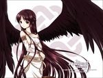  breasts brown_hair copyright_name detached_sleeves goddess half_updo juna long_hair mabinogi medium_breasts morrighan sideboob solo very_long_hair wings yellow_eyes 