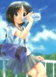  bag black_eyes black_hair bottle cloud copyright_request day drinking duffel_bag goto_p pinky_out pleated_skirt school_uniform short_hair skirt sky solo water_bottle 