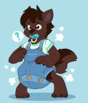  4_fingers 4_toes absurd_res after_transformation age_regression ambiguous_gender anthro blue_background blue_clothing blue_pacifier blue_shirt blue_topwear blush blush_lines brown_body brown_claws brown_ears brown_finger_claws brown_fur brown_nose brown_tail brown_toe_claws bubblepuppers button_(fastener) canid canine claws clean_diaper clothed clothing diaper diaper_under_clothing feet finger_claws fingers full-length_portrait fur hi_res leg_markings mammal markings mythological_canine mythological_creature mythology object_in_mouth overalls pacifier pacifier_in_mouth poof_transformation portrait purple_inner_ear question_mark shirt shortalls simple_background socks_(marking) solo speech_bubble standing tail three-quarter_view toe_claws toes topwear villa_(cryo-lithius) wearing_diaper werecanid werecanine werecreature werewolf whisker_spots 