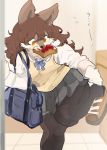  brown_eyes brown_hair dog eating food furry highres i_sak_1 long_hair sandwich stocking 