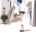  aikawa_touma architecture bare_shoulders bow brown_hair city copyright_request day dress hat hat_ribbon mary_janes plant potted_plant ribbon shoes short_hair solo stairs strapless sun_hat sundress white 