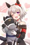  1girl animal_ears bare_shoulders black_hairband blush bow breasts coat commentary_request creature_and_personification curren_chan_(fille_eclair)_(umamusume) curren_chan_(racehorse) curren_chan_(umamusume) dress ear_bow ear_covers gloves grey_hair hairband happy_birthday heart highres holding horse_ears horse_girl horse_tail koyomeru long_sleeves looking_at_viewer mask motion_lines off-shoulder_coat off-shoulder_dress off-shoulder_jacket off_shoulder one_eye_closed open_mouth personification purple_eyes red_bow short_hair smile striped_clothes striped_dress stuffed_animal stuffed_horse stuffed_toy tail teeth umamusume upper_teeth_only vertical-striped_clothes vertical-striped_dress waving white_gloves 