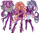  3girls :d adagio_dazzle adagio_dazzle_(human) adapted_costume alternate_sleeve_length ankle_boots aqua_hair aria_blaze aria_blaze_(human) arm_across_waist arm_under_breasts belt black_choker blonde_streaks blue_eyeshadow blue_skin blunt_sidelocks boots bracelet breasts buttons choker cleavage closed_mouth colored_skin commentary_request contrapposto crossed_arms curly_hair curtained_hair double-breasted equestria_girls:_rainbow_rocks eyes_visible_through_hair eyeshadow fewer_digits flat_color full_body fur_jacket gem gold_belt green_jacket green_streaks grin hair_ornament half-closed_eyes hand_on_own_arm hand_on_own_cheek hand_on_own_face hand_up hands_on_own_hips high_heel_boots high_heels high_ponytail highres jacket jewelry juliet_sleeves knee_boots knees_together_feet_apart legs_apart long_hair long_legs long_sleeves looking_at_viewer makeup miniskirt multicolored_hair multiple_girls my_little_pony my_little_pony:_equestria_girls my_little_pony:_friendship_is_magic narrow_waist no_nose open_clothes open_jacket orange_belt orange_eyeshadow orange_hair orange_shirt pants pantyhose parted_bangs pendant_choker pigeon-toed pink_eyes pink_skin plantar_flexion pleated_skirt ponytail puffy_long_sleeves puffy_sleeves purple_belt purple_boots purple_eyes purple_eyeshadow purple_hair purple_jacket purple_pants purple_pantyhose purple_skirt purple_streaks purple_trim raised_eyebrows red_eyes red_gem shirt side-by-side sidelocks simple_background skirt small_breasts smile sonata_dusk sonata_dusk_(human) spiked_bracelet spiked_hair_ornament spikes standing star_(symbol) star_hair_ornament straight-on streaked_hair the_dazzlings_(my_little_pony) thigh_gap triangle_print tsurime turning_head twintails two-tone_hair uneven_eyes v-bangs v-shaped_eyebrows very_long_hair white_background wrist_cuffs yellow_skin yicydv 