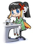  black_hair blue_eyes bowl chair chibi chopsticks eating eraser food glasses hair_ornament hirai_yukio homeko inkblot long_sleeves non-web_source office_chair os-tan pen ponytail rice rice_bowl serious sitting solo table thighhighs writing x_hair_ornament xp_home-tan 