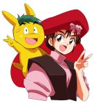  1girl bandaid bandaid_on_face beret black_eyes black_vest bow brown_eyes brown_hair commentary_request creature creature_on_shoulder cropped_torso fangs gonzaemon green_hair hand_up hat hat_bow highres looking_at_viewer manga_hajimete_monogatari manga_hajimete_omoshiro_juku on_shoulder open_mouth pink_bow pink_sweater red_hat sakurajyousui_nami short_hair smile sweater turtleneck turtleneck_sweater v vest yukarin_(manga_hajimete_monogatari) 