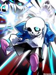  1boy black_shorts blue_eyes blue_hoodie commentary energy_cannon gasterblaster hand_in_pocket highres hood hoodie male_focus onomari546 pink_slippers sans_(undertale) shirt shorts slippers smile socks solo twitter_username undertale utdr_(toby_fox) white_shirt white_socks 