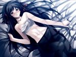  bed_sheet black_eyes black_hair blush bow cartagra dutch_angle flat_chest hair_bow kouzuki_kazuna long_hair lying moonlight navel on_back panties panties_under_pantyhose pantyhose sarashi sheet_grab solo sugina_miki underwear 