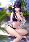  1girl absurdres arm_support armpit_crease artist_name bare_shoulders bikini black_bikini black_hair blurry blurry_background breasts cleavage closed_mouth cloud cloudy_sky collarbone day dengeki_moeoh flower foot_out_of_frame groin hair_between_eyes hair_flower hair_ornament hair_over_one_eye hand_on_own_chin hibiscus highres leaning_to_the_side leg_up lens_flare light_blush light_smile long_hair long_sidelocks looking_at_viewer magazine_scan medium_breasts multi-strapped_bikini_bottom navel original outdoors page_number plant poolside purple_eyes scan shiny_skin sidelocks sitting sky solo stomach stone_floor stroking_own_chin sunlight swimsuit takeko_spla thighs third-party_source wet white_flower 