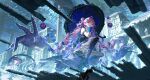  1girl absurdres ata-zhubo bare_shoulders blue_hair breasts chinese_commentary colored_extremities colored_inner_hair commentary_request denia_(wuthering_waves) disembodied_hand dress from_below highres holding holding_umbrella long_hair medium_breasts multicolored_hair pink_hair purple_dress purple_eyes purple_umbrella ripples sitting sky solo star_(sky) starry_sky umbrella wide_shot wuthering_waves 