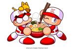  2boys animal_on_head artist_request baseball_cap baseball_uniform bowl char_siu chibi chopsticks copyright_notice dog egg_(food) food gander_(pawapro) glasses hat holding holding_bowl holding_chopsticks jikkyou_powerful_pro_yakyuu jikkyou_powerful_pro_yakyuu_(style) multicolored_hat multicolored_shirt multicolored_shoes multiple_boys no_mouth noodles nori_(seaweed) official_art on_head one_eye_closed power_pro-kun purple_eyes ramen rayman_limbs red_hat red_shirt red_shoes sanpaku second-party_source shirt shoes smile sportswear steam thick_eyebrows two-tone_shoes white_background white_hat white_shirt white_shoes yabe_akio 