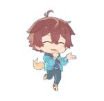  1boy :3 :d ^_^ ankle_boots belt blue_hoodie blue_jacket boots brown_hair chibi chibi_only closed_eyes commentary dog_tail double-parted_bangs facing_viewer fake_tail full_body grey_pants hair_between_eyes hands_up highres hood hood_down hoodie jacket kc105 leg_up long_sleeves male_focus megami_"isekai_tensei_nani_ni_naritai_desu_ka"_ore_"yuusha_no_rokkotsu_de" messy_hair multicolored_boots open_clothes open_jacket ore_(yuusha_no_rokkotsu_de) pants parted_lips red_belt red_boots short_hair sidelocks simple_background smile solo standing standing_on_one_leg tail two-tone_boots white_background white_boots 