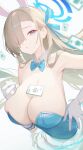  1girl absurdres animal_ears asuna_(blue_archive) asuna_(bunny)_(blue_archive) asymmetrical_bangs bare_shoulders blonde_hair blue_archive blue_bow blue_bowtie blue_eyes blue_leotard blue_ribbon blurry blurry_foreground bow bowtie breasts card cleavage detached_collar fake_animal_ears gloves hair_over_one_eye hair_ribbon halo highres large_breasts leotard long_hair looking_at_viewer nyarnya official_alternate_costume one_eye_covered parted_lips playboy_bunny playing_card rabbit_ears ribbon sideboob solo strapless strapless_leotard traditional_bowtie upper_body white_gloves 