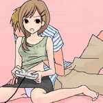  1girl artist_request barefoot breast_grab breasts copyright_request feet game_console grabbing groping hair_ornament hairclip hetero lowres oekaki panties pantyshot pantyshot_(sitting) playing_games sitting small_breasts solo_focus super_famicom underwear video_game white_panties 
