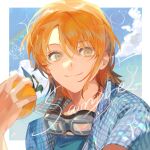  1girl blue_shirt blue_sky border closed_mouth food fruit goggles goggles_around_neck grey_eyes hair_between_eyes highres holding holding_food holding_fruit looking_at_viewer lucis0407 nami_(one_piece) one_piece orange_(fruit) orange_hair parted_bangs plaid_clothes plaid_shirt sample_watermark shirt short_hair short_sleeves sky smile solo upper_body watermark white_border 