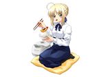  ahoge artist_request artoria_pendragon_(all) blonde_hair blouse bowl braid crustacean dress eating fate/stay_night fate_(series) food long_sleeves pantyhose rice rice_bowl rice_cooker saber seiza shrimp shrimp_tempura sitting solo tempura 